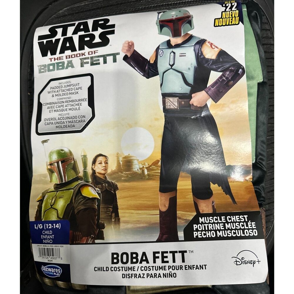 Star Wars Child Large Boba Fett Halloween Costume Jumpsuit, cape and Mask NEW